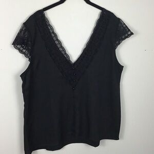 Deep v-neck lace trim button details lace cap sleeve top shirt Size Xl